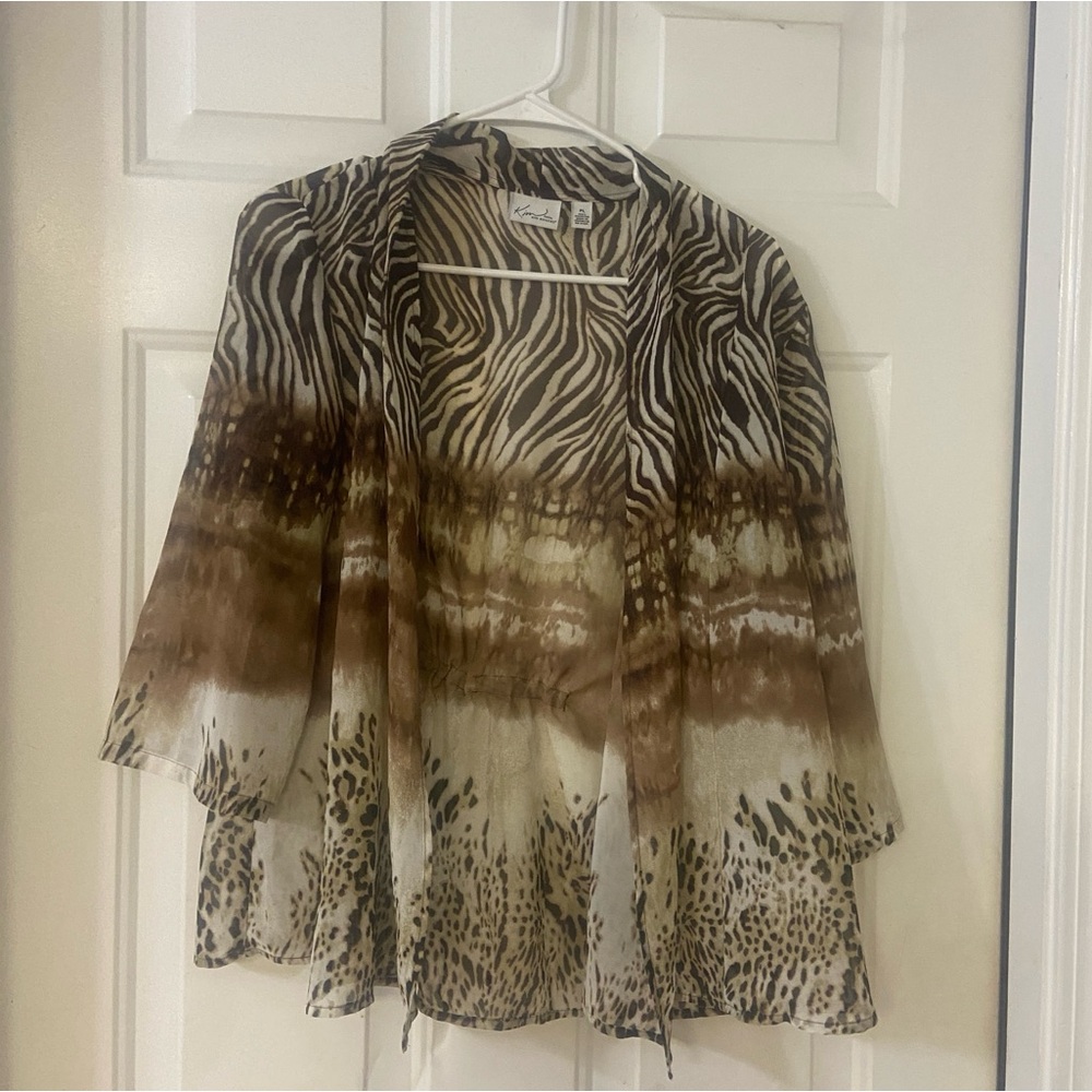 Kim Rogers sheer over shirt animal print design gathered in back